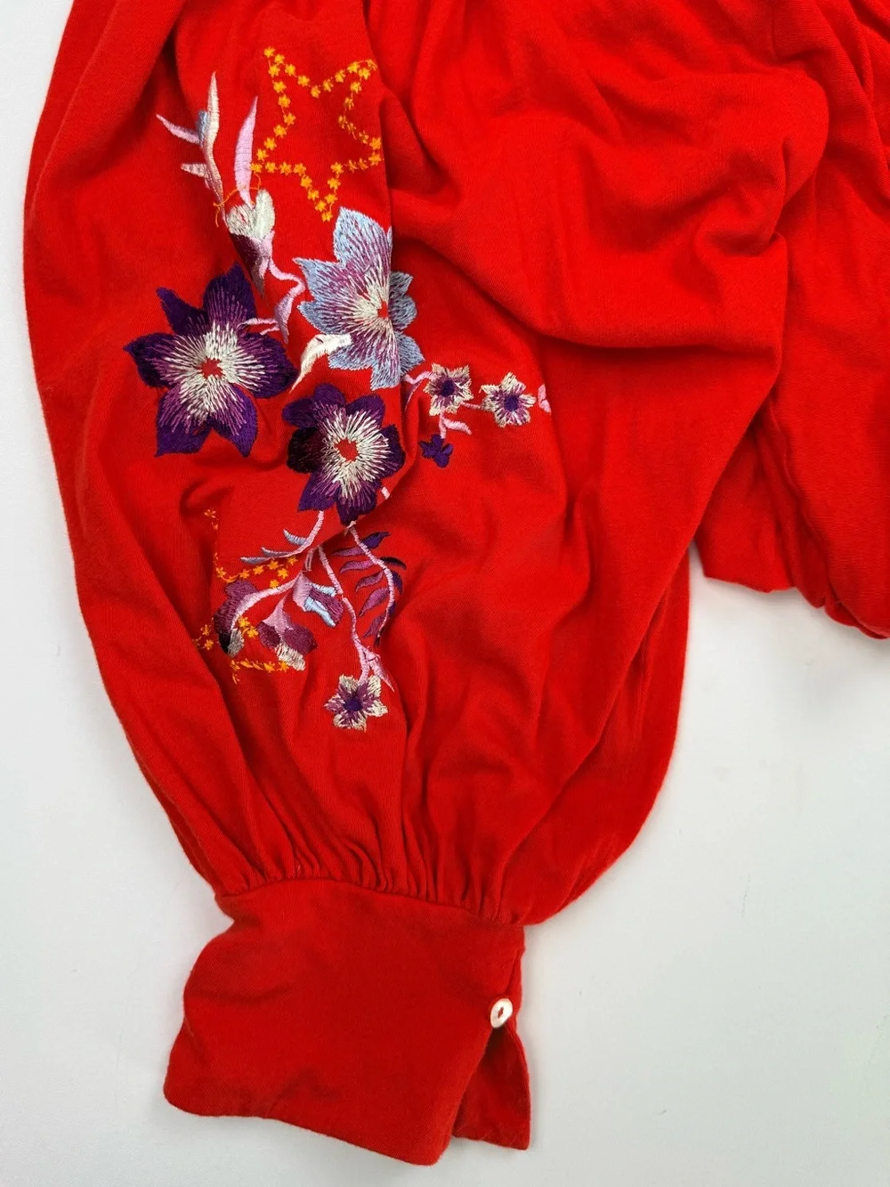 Free People Red Embroidered Open Back Boho Blouse Top XS Statement piece